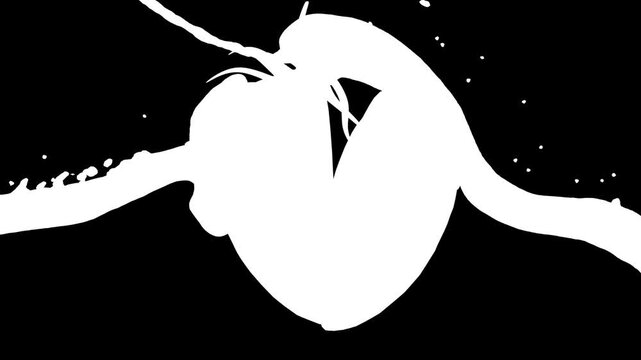 A ripe strawberry splits open in midair as glossy milk and chocolate streams splash over the fruit against a clean white background in 3D animation