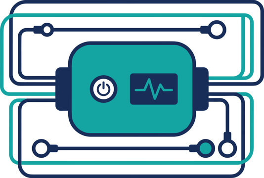 Defibrillator medical device icon with connected electrodes and power switch