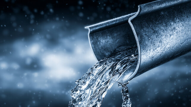 Water flowing out of metal gutter pipe during heavy rain storm outdoor

