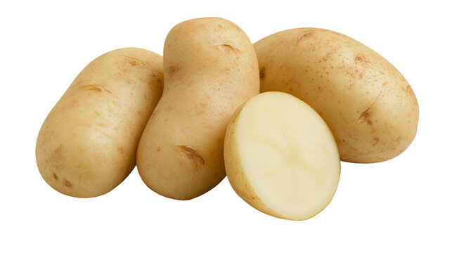 Whole and halved yellow potatoes with light brown skin