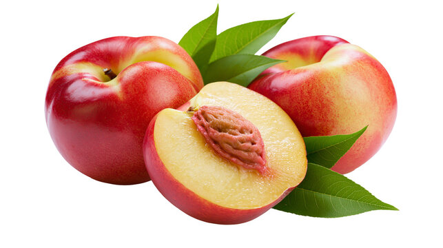 Ripe nectarines with green leaves and one halved showing pit