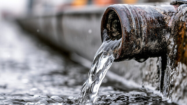 Dirty water pouring from old rusty industrial pipe onto concrete ground

