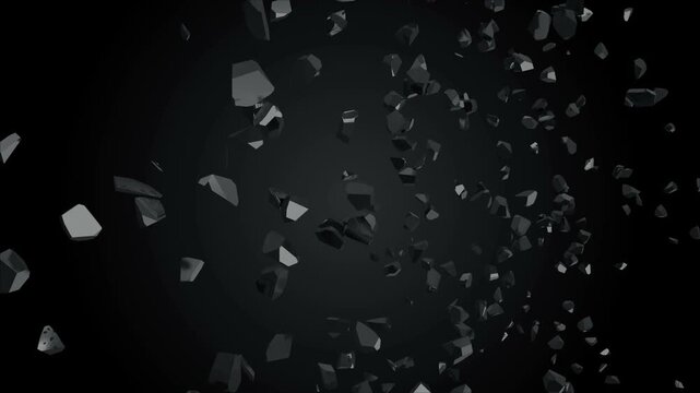 Two glossy black spheres meet at center and transform into a cloud of sharp fragments that disperse through a dark space in slow motion 3D animation