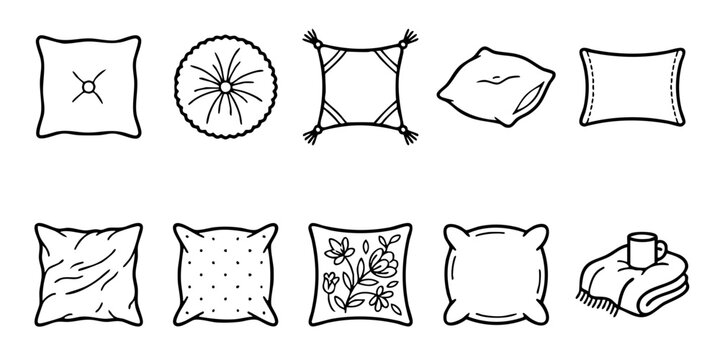 Set of pillow and cushion line icons outlining decorative throw cushions, round pillow, floral pattern cushion, and bed accessories
