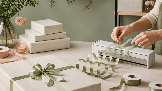 Hands prepare elegant white gifts with sage green satin ribbon in a stylish floral workspace with soft natural tones.