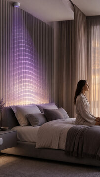 Serene woman sits on a bed in a modern smart bedroom as purple light waves visualize soothing sound, wellness technology, and restful sleep.