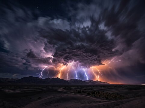 Dramatic Multiple Lightning Strikes over Desert Sand Dunes and Mountains under Stormy Night Sky