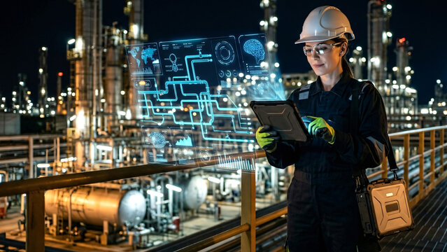  A professional industrial engineer wearing a safety uniform, protective helmet, and work gear standing at an oil refinery plant site at night.