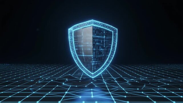 Glowing digital shield with neon blue lines, symbolizing cybersecurity, resilience, defense, brilliance, authenticity, mastery, precision, advancement, protection.