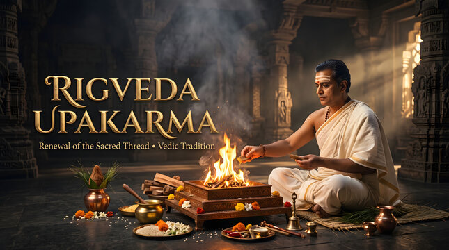 Rigveda upakarma ceremony featuring a brahmin performing traditional vedic rituals
