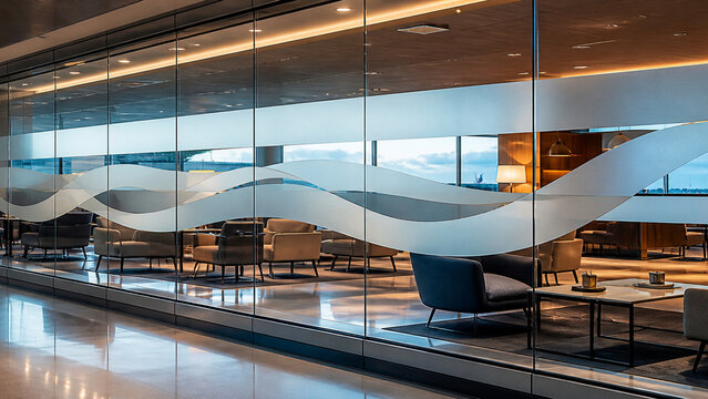 Elegant contemporary airport lounge with frosted wave-pattern glass walls, stylish seating, warm lighting, and expansive windows.