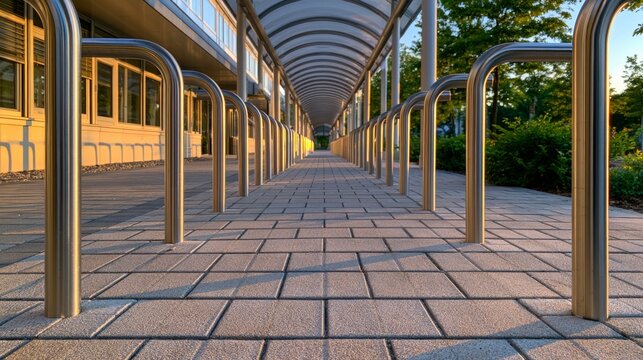 Bicycle Racks Under Covered Awning with Clear Pathway Amidst Lush Greenery in Urban Environment at Sunset Light