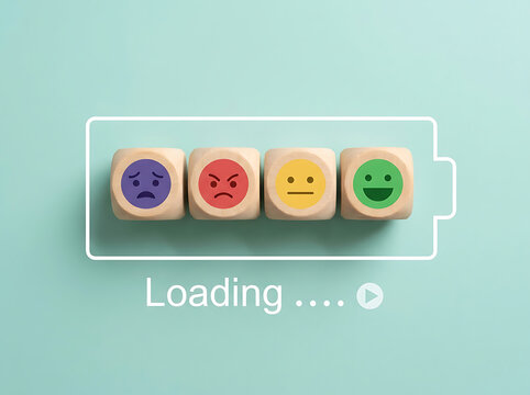 Four emotion faces on wooden cubes in a battery loading bar symbolizing mood fluctuation during digital interaction