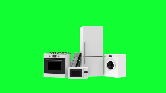 A white refrigerator, oven, microwave, range hood, and washing machine move into position against a bright green chroma key background in 3D animation