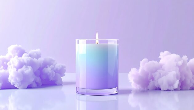 Lit scented candle in glass jar with purple cloud textures on lavender background.