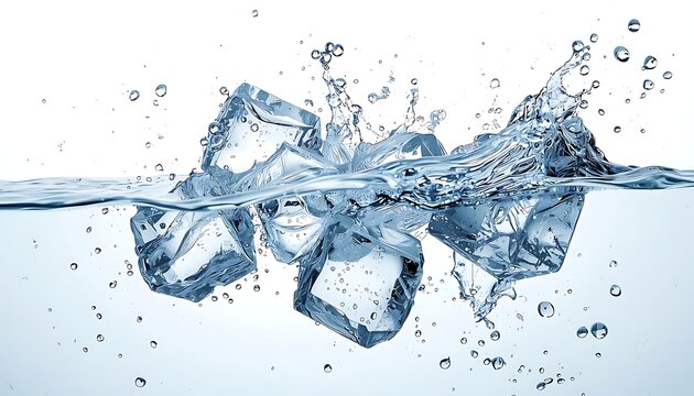 Ice cubes splashing into clear water with droplets frozen in motion