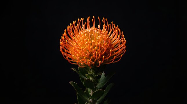 Orange protea flower isolated on black background with botanical background tropical ornamental colorful stunning contrast blooming