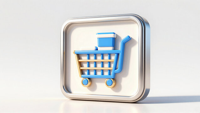 3D Blue Shopping Cart Icon for E-commerce and Online Retail