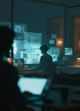 Person sitting at a desk in front of multiple computer monitors. the person is facing away from the camera and appears to be working on a project.