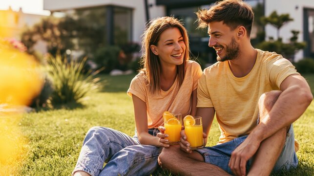 Couple enjoys refreshing beverages on a sunny day in their garden.