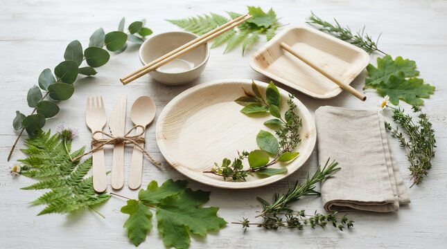 Eco-friendly wooden cutlery and bamboo plate set arranged on a rustic table with green foliage and linen napkin plastic free zero waste sustainable tableware