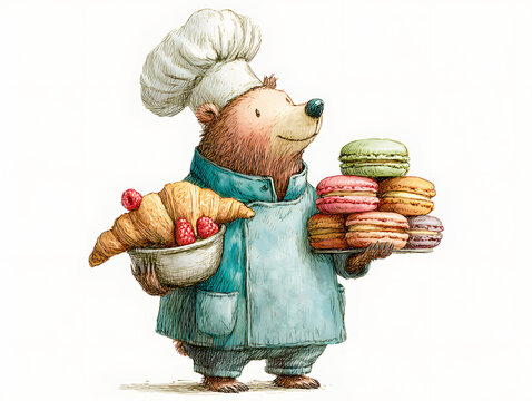 Charming watercolor illustration of a cute bear chef wearing a baker hat and blue uniform, proudly holding a stack of colorful macarons and a bowl with fresh croissants