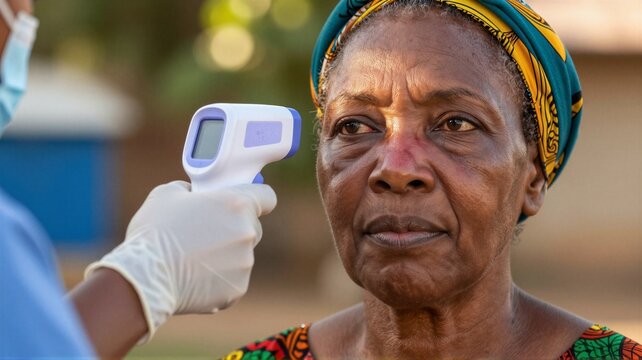 Healthcare worker taking forehead temperature of older woman in outdoor screening