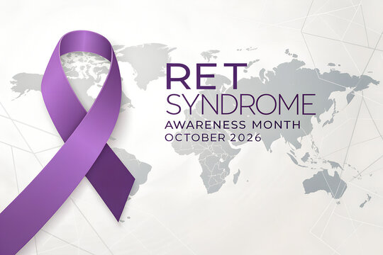 Purple ribbon for ret syndrome awareness month held in open hands over world map