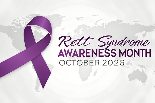 Rett syndrome awareness month purple ribbon and world map with awareness