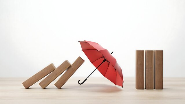 Red Umbrella Protecting Domino Blocks from Falling as a Symbol of Risk Management, Business Protection, Insurance and Crisis Prevention