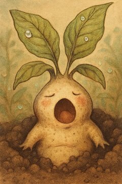 Magical mandragora sprout awakening in dark rich earth