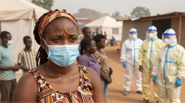 Worried woman wearing surgical mask in clinic camp with healthcare workers in full protective suits in background