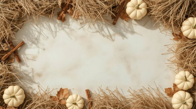 Autumn foliage border with pumpkins on beige background