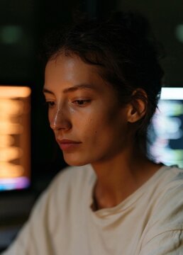 Close-up portrait of a young woman sitting in front of a computer monitor. she is wearing a white t-shirt and her hair is pulled back in a messy bun.