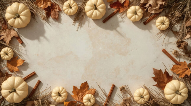 Autumn floral border with pumpkins on neutral paper background