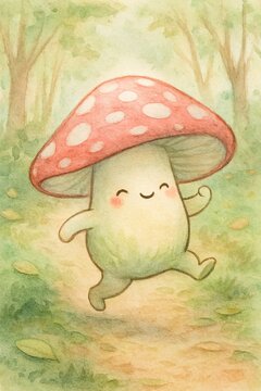 Whimsical fairytale watercolor illustration of a walking fungus sprite