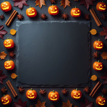 Halloween pumpkin border with dark copy space in center