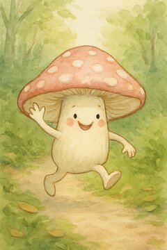 Delightful fly agaric character leaping down a mossy forest path