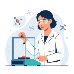 Fototapeta premium Scientist Using Precision Balance in Laboratory with Molecular Structures in Background - Vector Illustration