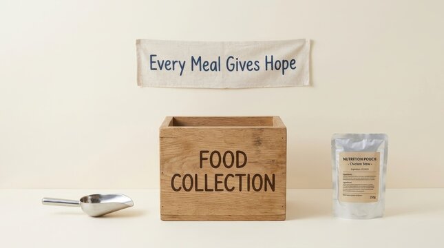 Wooden food collection crate and nutrition pouch with metal scoop on neutral background, representing a charity donation center drive for community support and hunger relief efforts available
