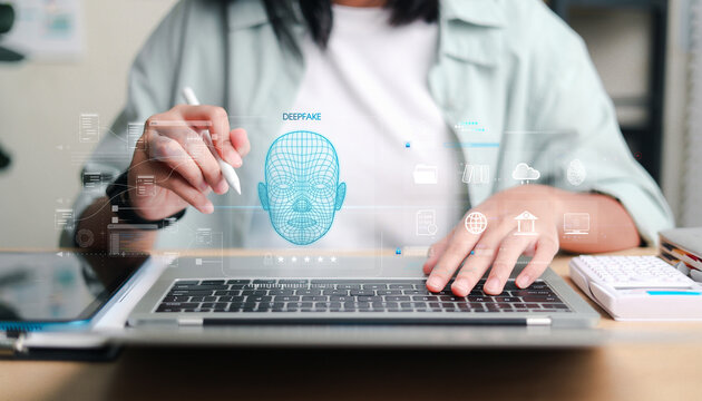 Deepfake concept ,Facial tracking, detection and recognition technology, Security system. Cyber security and Security password login online concept.