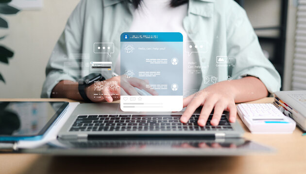 Professional using a laptop with AI chatbot interface, illustrating artificial intelligence, virtual assistance, digital communication, automation, and smart technology