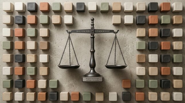 Balanced leadership scale sits centered on a concrete surface surrounded by colorful stone cubes, representing justice and fair management in a modern professional corporate environment for fair