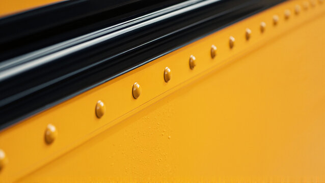Close-up view of school bus surface with shiny rivets and vibrant yellow paint. School bus design features polished rivets and smooth texture, representing reliable transportation for children.
