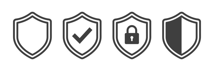 Minimalist shield icon collection with security checkmark and padlock line art security protection verified © Domestock