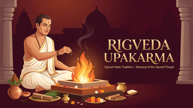 Rigveda upakarma celebration with brahmin performing vedic homa ritual ceremony with Sacred thread