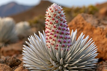 Tajinaste rojo flower blooming in volcanic landscape with soft light © whitestorm