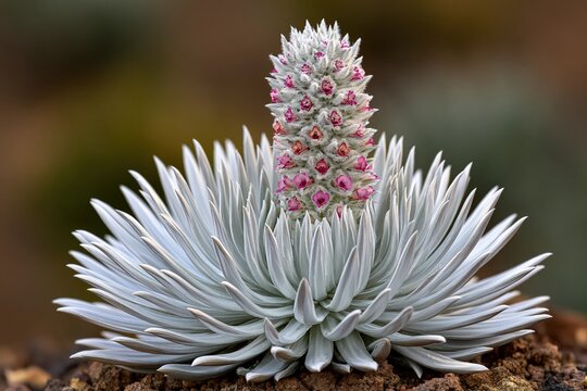 Haleakala silversword plant blooming with vibrant pink flowers alpine