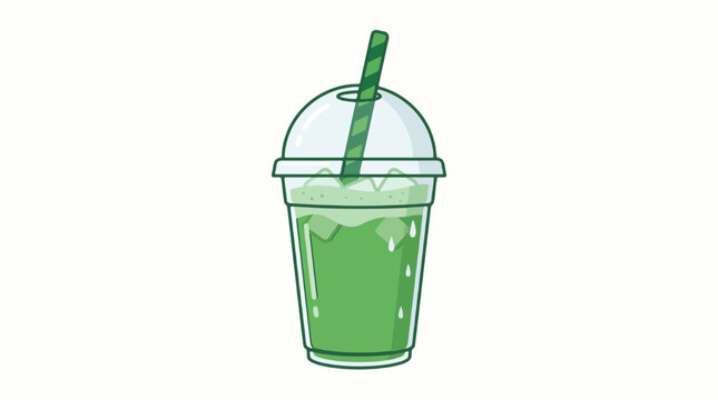 Refreshing iced green tea matcha in plastic cup flat vector illustration
