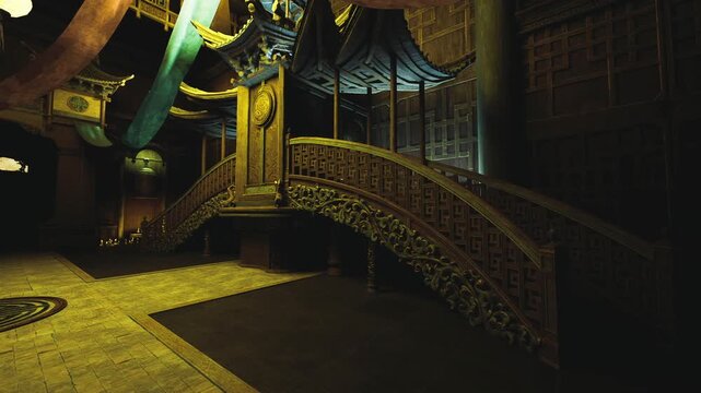 Gilded staircase with dragon motifs winding under vaulted ceiling, emerald banners hanging above and carved panels flanking steps evocative of mythic palace